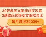 30天疯卖文案速成变现营，0基础玩透爆卖文案捞金术！每月增收20000+-比钱轻创