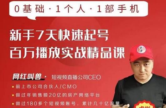 网红叫兽·新手7天快速起号百万播放实战精品课，0基础1个人1部手机-比钱轻创
