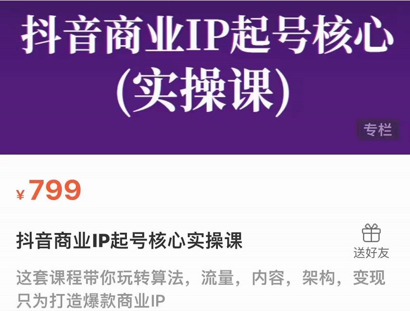 抖音商业IP起号核心实操课，带你玩转算法，流量，内容，架构，变现-比钱轻创