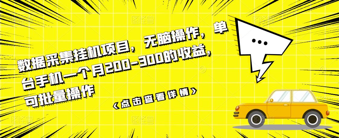 数据采集挂机项目，无脑操作，单台手机一个月200-300的收益，可批量操作-比钱轻创