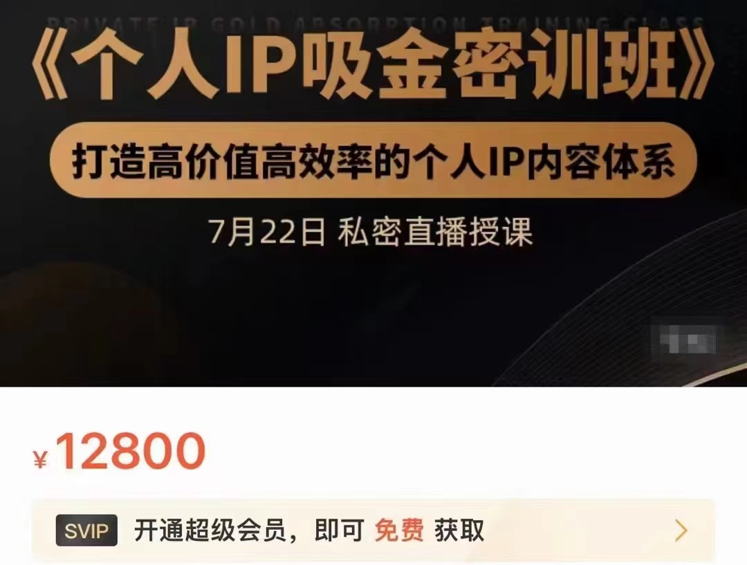 个人IP吸金密训班，打造高价值高效率的个人IP内容体系（价值12800元）-比钱轻创