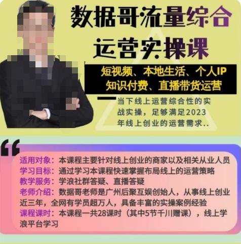 数据哥流量综合运营实操课：短视频、本地生活、个人IP知识付费、直播带货运营-比钱轻创