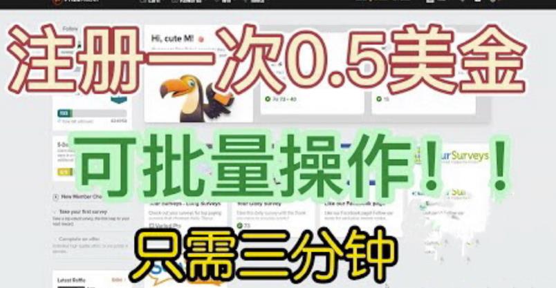 国外项目注册一次0.5美金，只需三分钟无脑操作，可批量同时放大操作，小白工作室福利【揭秘】-比钱轻创