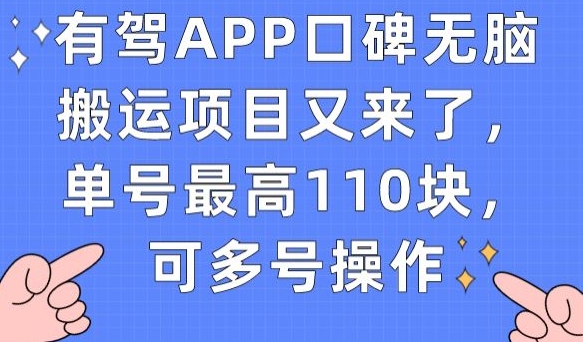有驾APP口碑无脑搬运项目又来了，单号最高110块，可多号操作-比钱轻创