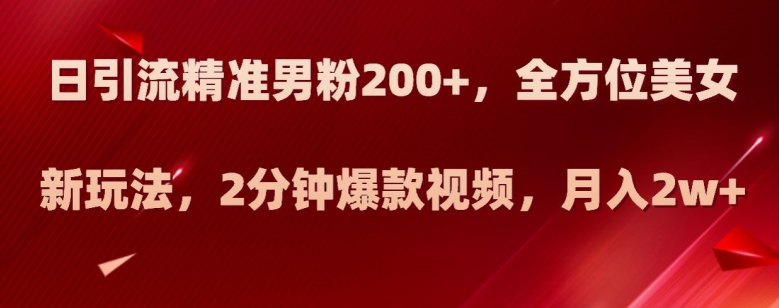 日引流精准男粉200+，全方位美女新玩法，2分钟爆款视频，月入2w+【揭秘】-比钱轻创