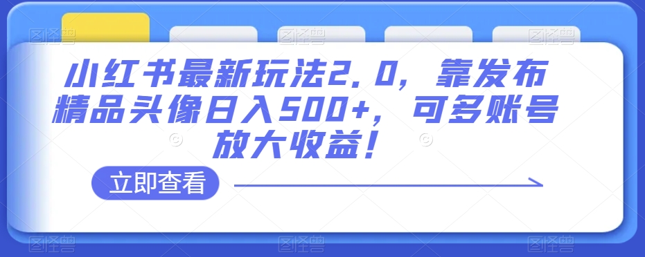 小红书最新玩法2.0，靠发布精品头像日入500+，可多账号放大收益！【揭秘】-比钱轻创