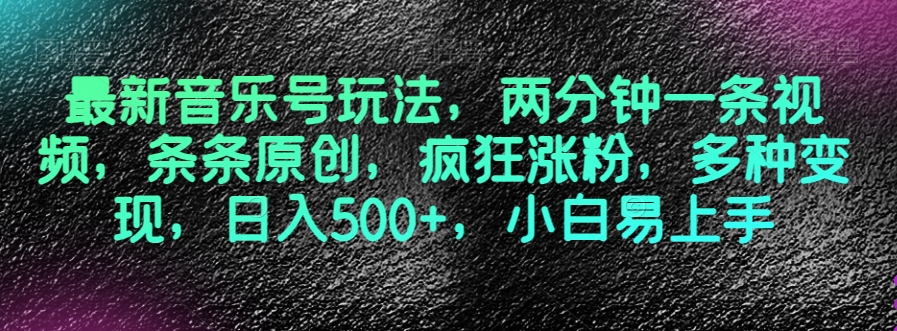 最新音乐号玩法，两分钟一条视频，条条原创，疯狂涨粉，多种变现，日入500+，小白易上手【揭秘】-比钱轻创
