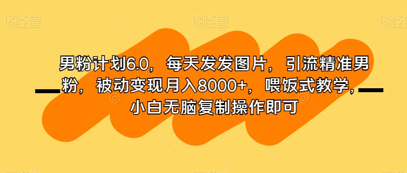男粉计划6.0，每天发发图片，引流精准男粉，被动变现月入8000+，喂饭式教学，小白无脑复制操作即可-比钱轻创