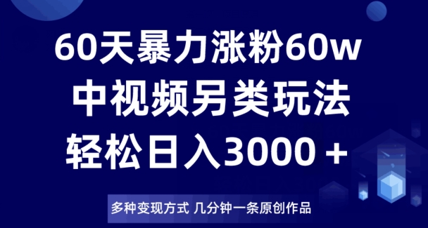60天暴力涨粉60W，中视频另类玩法，日入3000＋，几分钟一条原创作品多种变现方式-比钱轻创