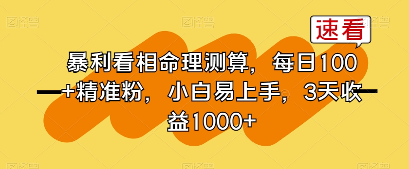 暴利看相命理测算，每日100+精准粉，小白易上手，3天收益1000+【揭秘】-比钱轻创