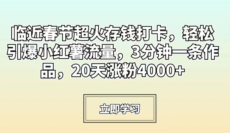 临近春节超火存钱打卡，轻松引爆小红薯流量，3分钟一条作品，20天涨粉4000+【揭秘】-比钱轻创
