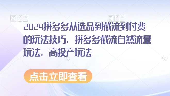 2024拼多多从选品到截流到付费的玩法技巧，拼多多截流自然流量玩法，高投产玩法-比钱轻创