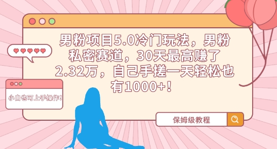 男粉项目5.0冷门玩法，男粉私密赛道，30天最高赚了2.32万，自己手搓一天轻松也有1000+【揭秘】-比钱轻创