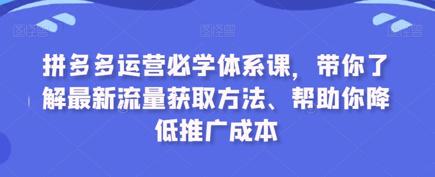 拼多多运营必学体系课，带你了解最新流量获取方法、帮助你降低推广成本-比钱轻创