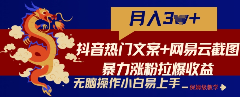 抖音热门文案+网易云截图暴力涨粉拉爆收益玩法，小白无脑操作，简单易上手【揭秘】-比钱轻创