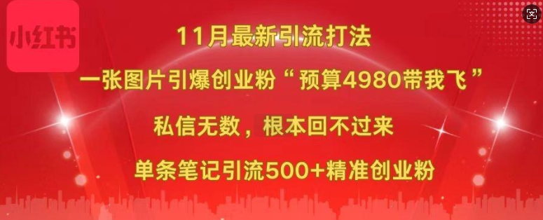 小红书11月最新图片打粉，一张图片引爆创业粉，“预算4980带我飞”，单条引流500+精准创业粉-比钱轻创