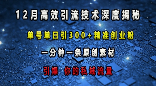 最新高效引流技术深度揭秘 ，单号单日引300+精准创业粉，一分钟一条原创素材，引爆你的私域流量-比钱轻创