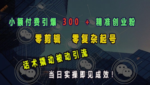 小额付费引爆 300 + 精准创业粉，零剪辑、零复杂起号，话术撬动被动引流，当日实操即见成效-比钱轻创
