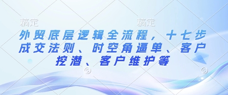 外贸底层逻辑全流程，十七步成交法则、时空角逼单、客户挖潜、客户维护等-比钱轻创