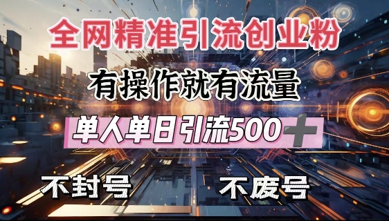 全网独家引流创业粉，有操作就有流量，单人单日引流500+，不封号、不费号-比钱轻创