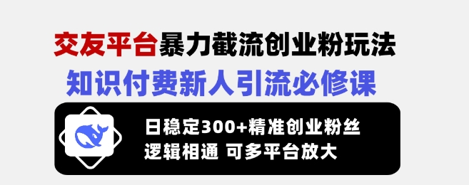 交友平台暴力截流创业粉玩法，知识付费新人引流必修课，日稳定300+精准创业粉丝，逻辑相通可多平台放大-比钱轻创