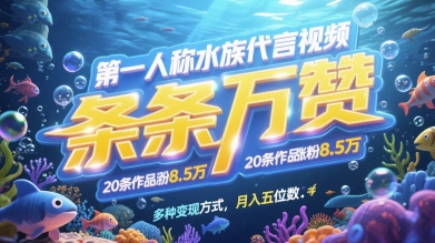 第一人称水族代言视频，条条万赞，20条作品涨粉7.8W，多种变现方式月入五位数-比钱轻创