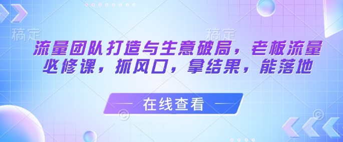 流量团队打造与生意破局，老板流量必修课，抓风口，拿结果，能落地-比钱轻创