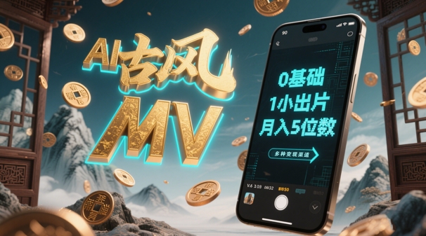 AI一键生成古风音乐MV，0剪辑基础1小时出片，多种变现渠道，一部手机月入5位数-比钱轻创