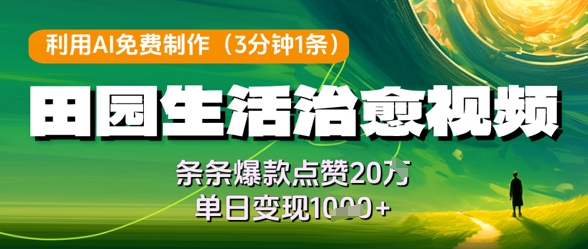 利用AI免费制作田园生活治愈视频，条条爆款点赞20W，单日变现几张-比钱轻创