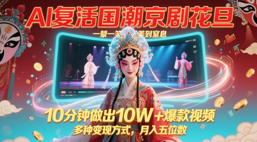 AI复活国潮京剧花旦，一颦一笑美到窒息，10分钟做出10W+爆款视频，多种变现方式，月入五位数-比钱轻创