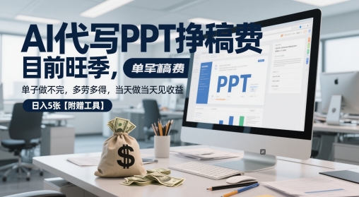 AI代写PPT挣稿费，目前旺季，单子做不完，多劳多得，当天做当天见收益，日入5张【附赠工具】-比钱轻创