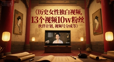 历史女性独白视频，13个视频10w粉丝，伙伴计划，视频号分成等-比钱轻创