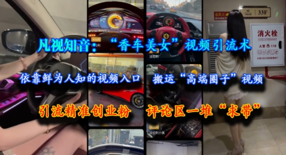 凡视知音：“香车美女”视频引流术，依靠鲜为人知的视频入口，搬运“高端圈子”视频，引流精准创业粉，评论区一堆“求带”-比钱轻创