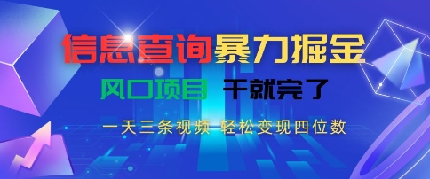 信息查询暴力掘金，一天三条视频，轻松变现四位数，风口项目干就完了【揭秘】-比钱轻创
