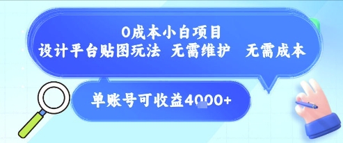 0成本小白项目，设计平台贴图玩法，无需维护，无需成本，单账号单月可产生收益4k+-比钱轻创