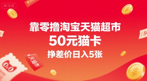靠零撸淘宝天猫超市50元猫卡，挣差价日入5张-比钱轻创