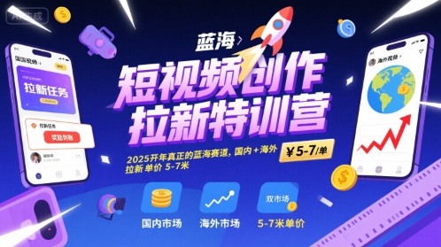 短视频创作拉新特训营，2025开年真正的蓝海赛道，国内+海外，拉新单价5-7米-比钱轻创