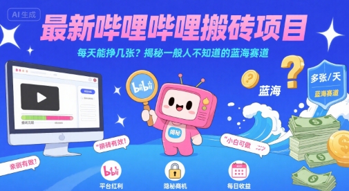 最新哔哩哔哩上B站搬砖项目，每天能挣几张？揭秘一般人不知道的蓝海赛道-比钱轻创
