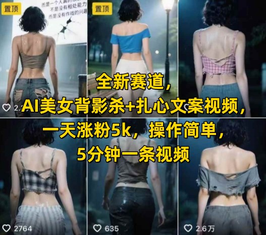 全新赛道，AI美女背影杀+扎心文案视频，一天涨粉5k，操作简单，5分钟一条视频-比钱轻创