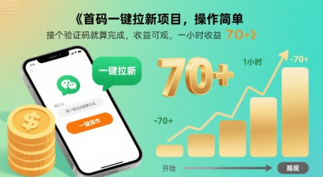 首码一键拉新项目，操作简单，接个验证码就算完成，收益可观， 一小时收益70+【揭秘】-比钱轻创