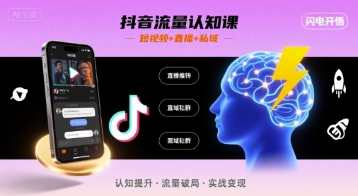 抖音流量认知课，短视频+直播+私域，认知提升，闪电开悟-比钱轻创