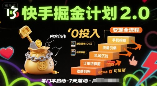 快手掘金计划2.0，快手电商变现全流程，简单可复制，0投入-比钱轻创