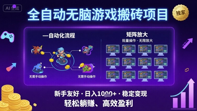 全自动无脑游戏搬砖项目，独家玩法，可批量矩阵无限放大，新手也能轻松日入1k+【揭秘】-比钱轻创