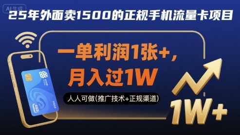 25年外面卖1500的正规手机流量卡项目，一单利润1张+，月入过1W，人人可做(推广技术+正规渠道)【揭秘】-比钱轻创