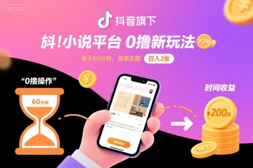 抖音旗下小说平台0撸新玩法，每天挂G60分钟，简单无脑，日入2张【揭秘】-比钱轻创