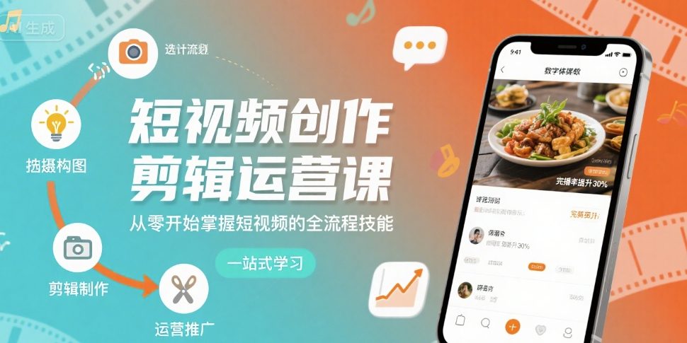 短视频创作剪辑运营课，从零开始掌握短视频的全流程技能-比钱轻创