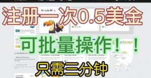 国外项目注册一次0.5美金，只需三分钟无脑操作，可批量同时放大操作，小白工作室福利【揭秘】-比钱轻创