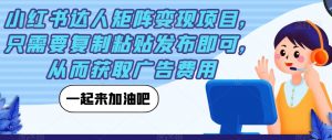 小红书达人矩阵变现项目,只需要复制粘贴发布即可,从而获取广告费用-比钱轻创