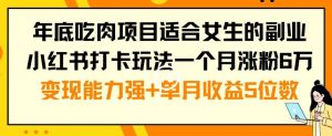 年底吃肉项目适合女生的副业小红书打卡玩法一个月涨粉6万+变现能力强+单月收益5位数【揭秘】-比钱轻创