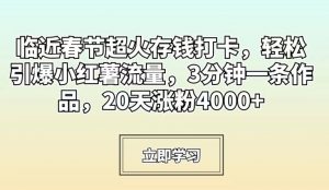 临近春节超火存钱打卡，轻松引爆小红薯流量，3分钟一条作品，20天涨粉4000+【揭秘】-比钱轻创